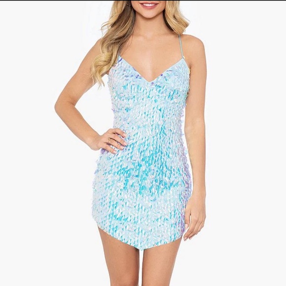 Blondie Nites Sequin Pointed Hem Mini Dress White Blue New With TagS Size 1 XS - Picture 1 of 14